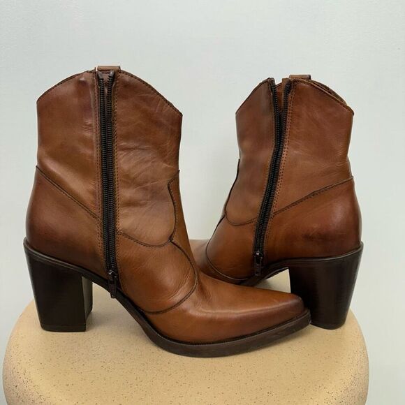 Emanuele Crasto Made in Italy Women’s Leather Cognac Brown Heel Mid Calf Western - Picture 5 of 13